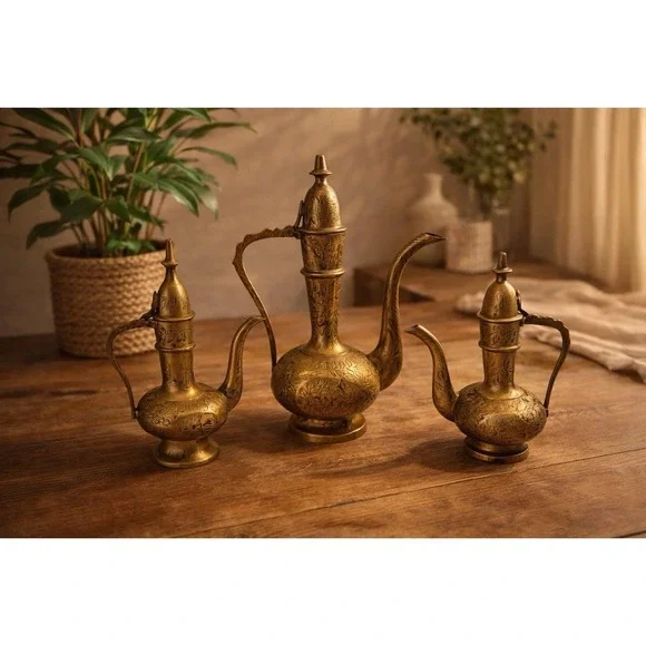 Lot of 3 Antique Brass Middle Eastern Dallah Coffee Tea Pots Turkish Kettle - Picture 2 of 14